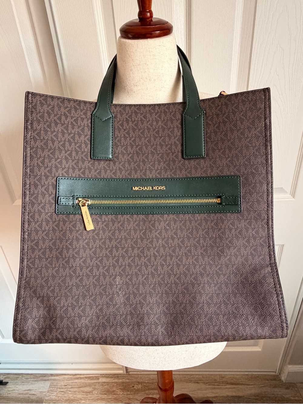 Michael Kors Brown Signature Tote with Dark Green Leather Trim
